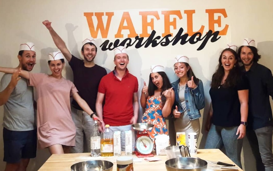group of people at waffle workshop in Bruges
